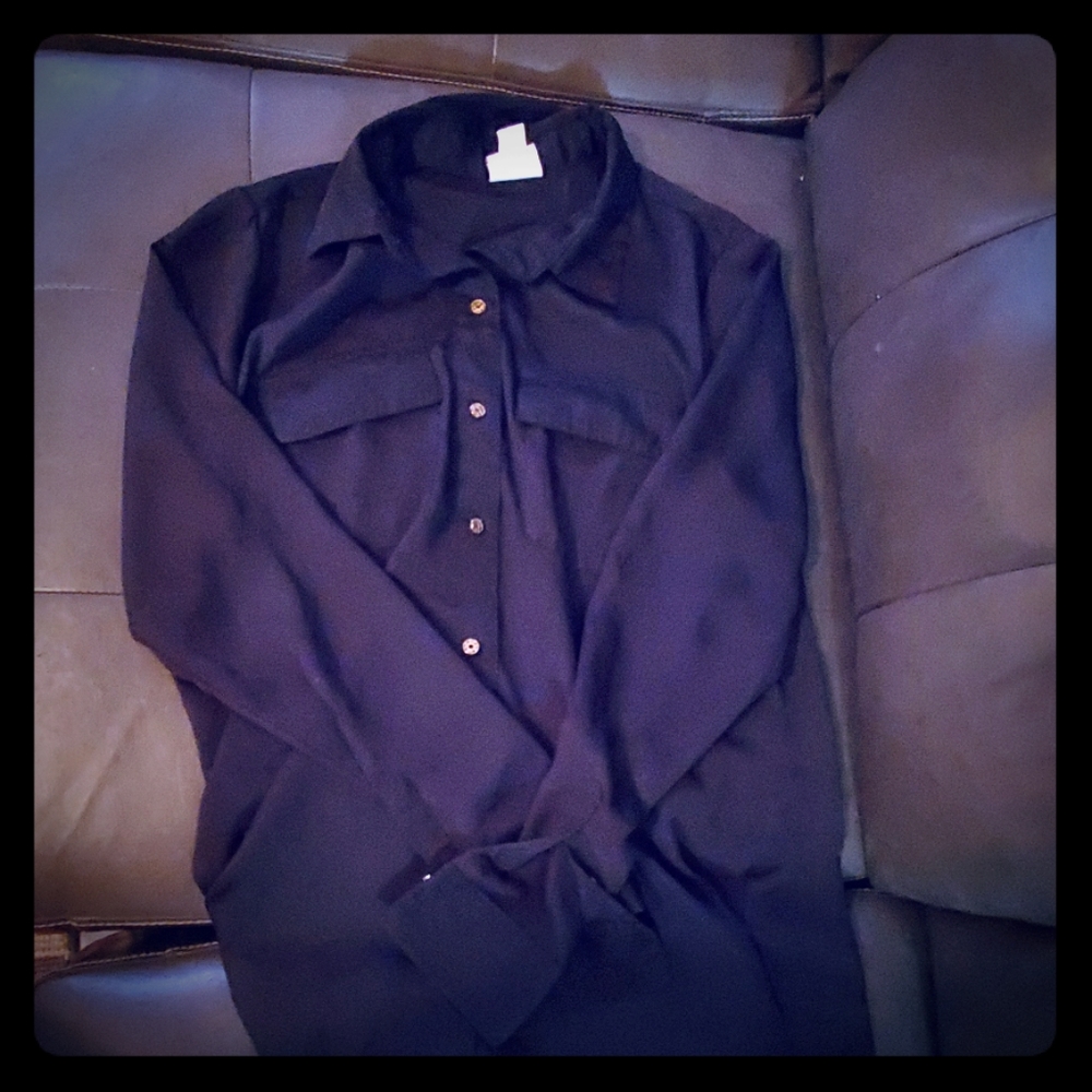 Sheer silky black button up